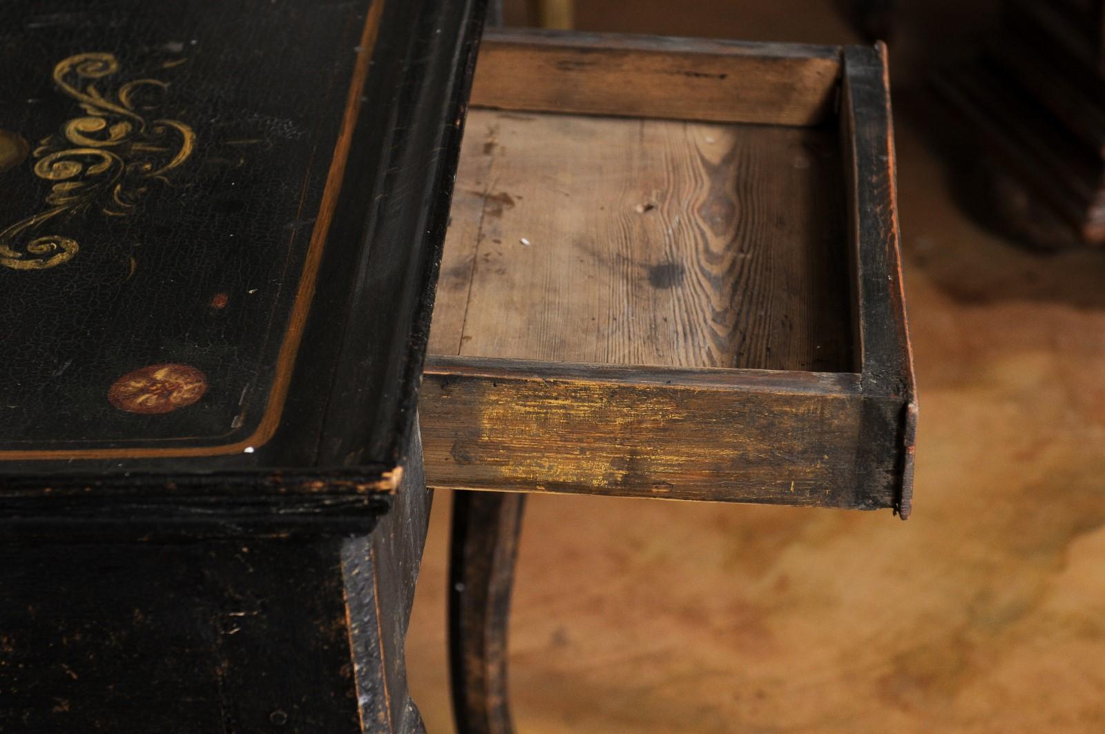 18th Century Swedish 1770s Rococo Period Ebonized Wood Tea Table with Painted Floral Decor