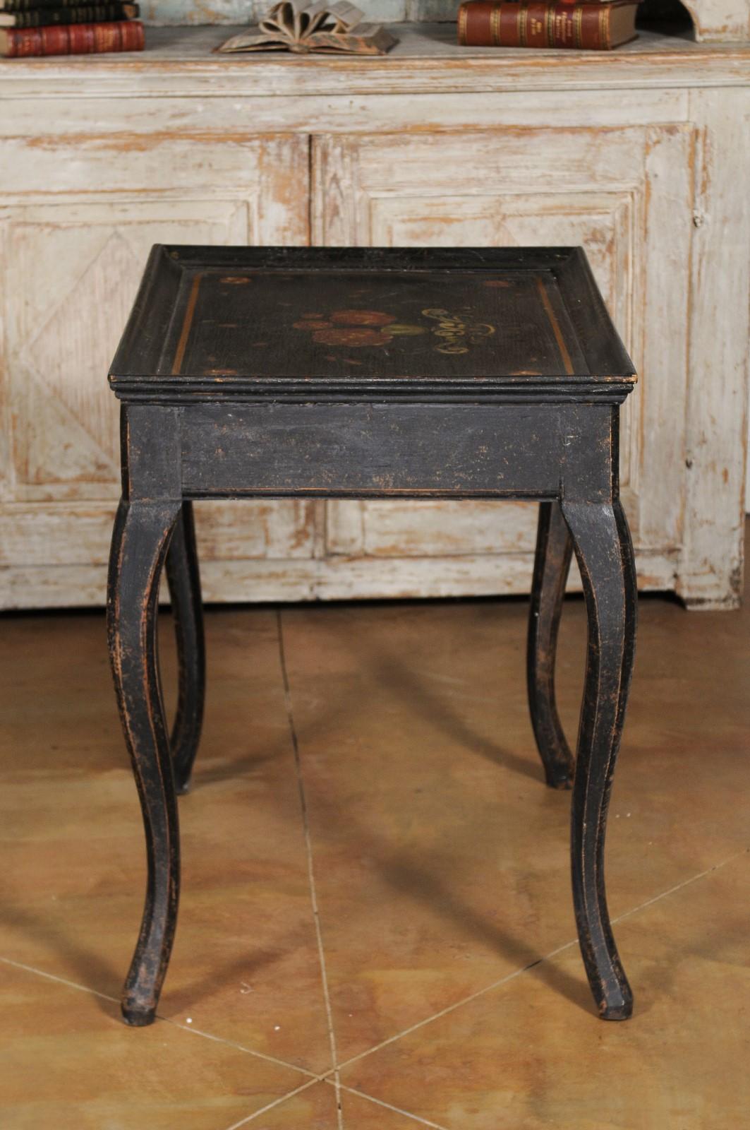 Swedish 1770s Rococo Period Ebonized Wood Tea Table with Painted Floral Decor 1