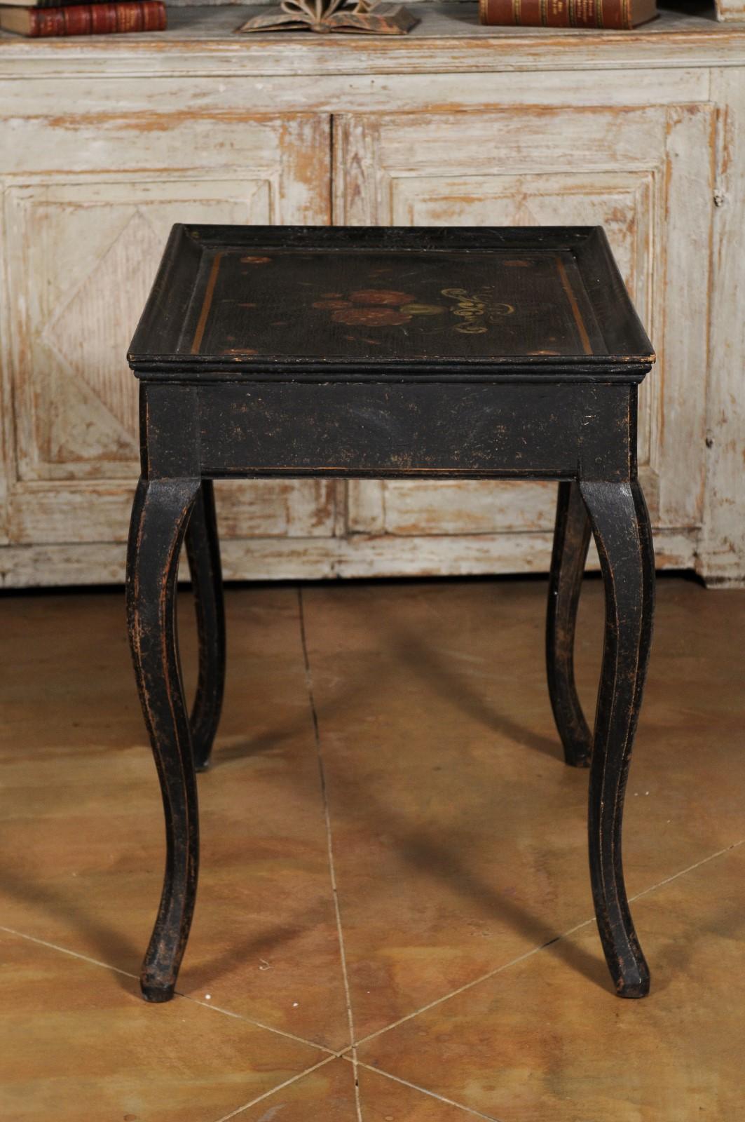 Swedish 1770s Rococo Period Ebonized Wood Tea Table with Painted Floral Decor 2