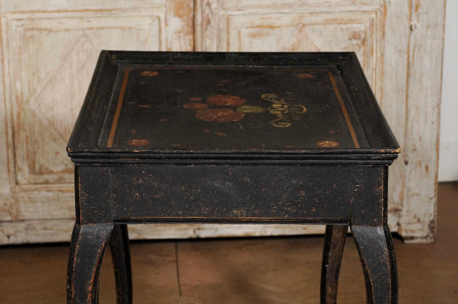 Swedish 1770s Rococo Period Ebonized Wood Tea Table with Painted Floral Decor 3