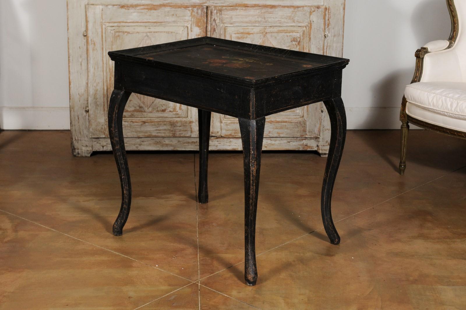 Swedish 1770s Rococo Period Ebonized Wood Tea Table with Painted Floral Decor 4