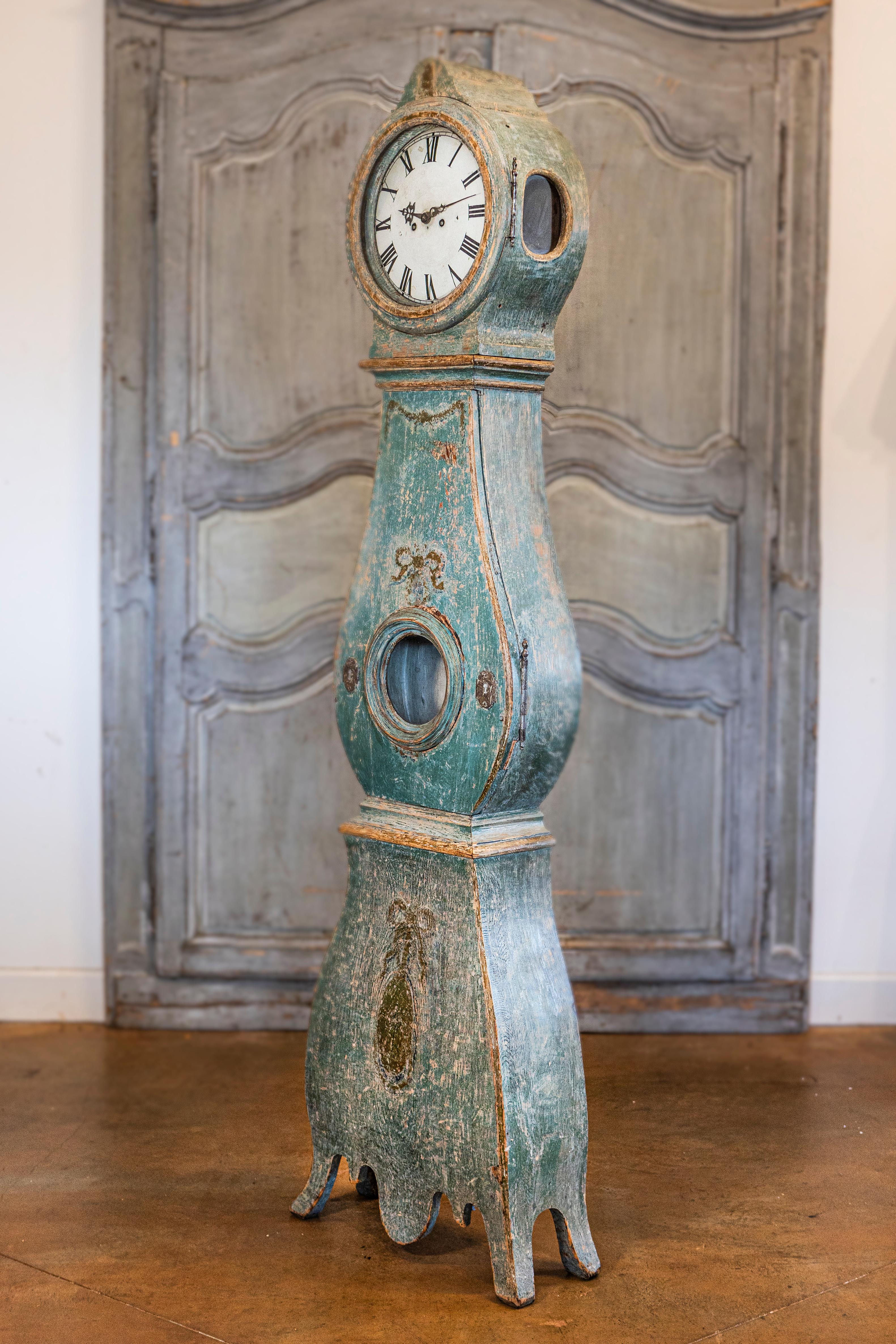 Carved Swedish 1770s Rococo Period Mora Clock with Hand-Painted Swag and Ribbon Motifs For Sale