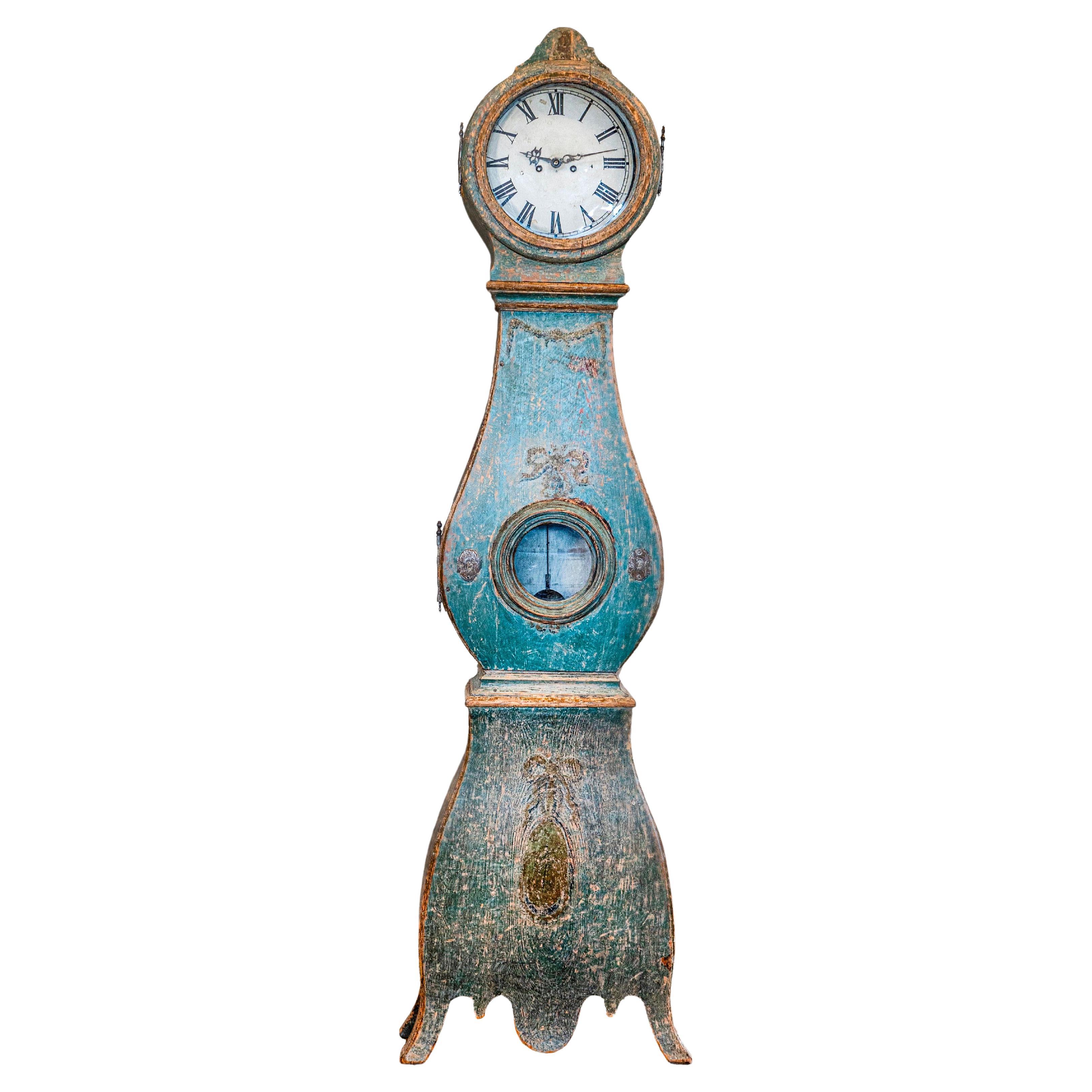 Swedish 1770s Rococo Period Mora Clock with Hand-Painted Swag and Ribbon Motifs