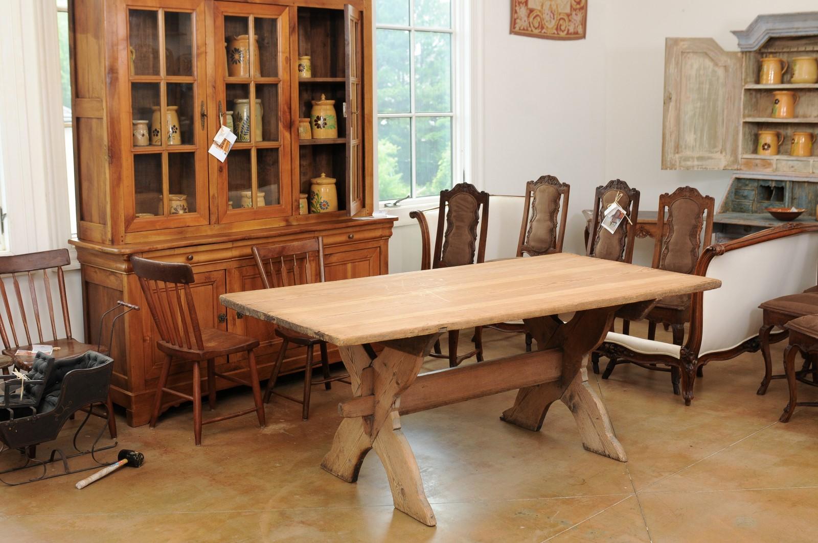 Swedish 1770s Sawbuck Trestle Farm Table with X-Form Base and Rustic Finish In Good Condition In Atlanta, GA