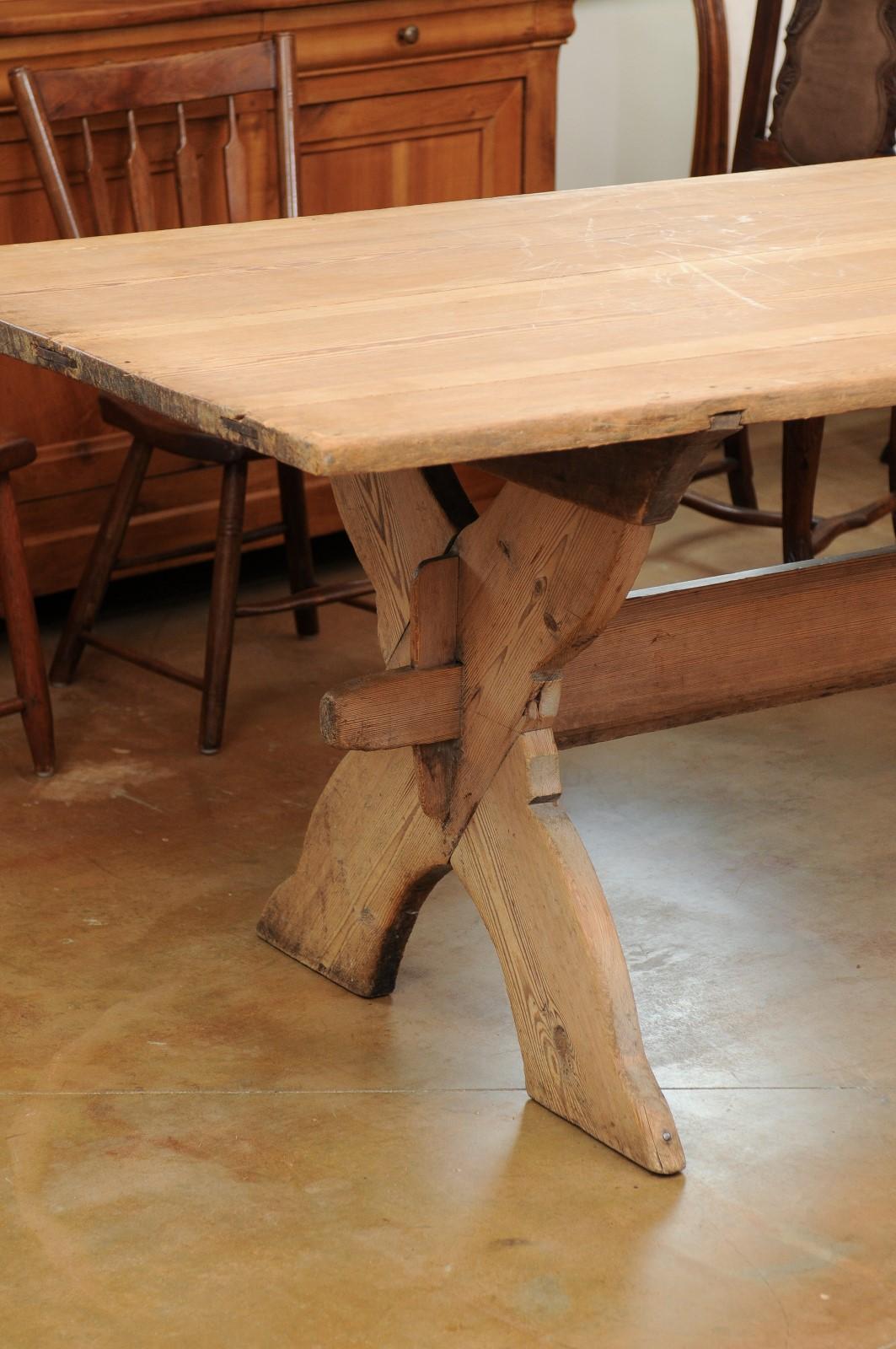 18th Century Swedish 1770s Sawbuck Trestle Farm Table with X-Form Base and Rustic Finish