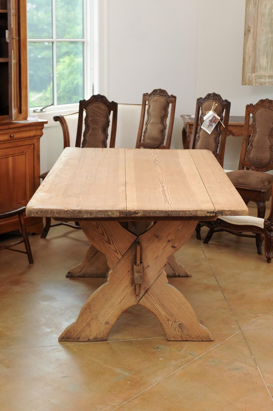 Wood Swedish 1770s Sawbuck Trestle Farm Table with X-Form Base and Rustic Finish