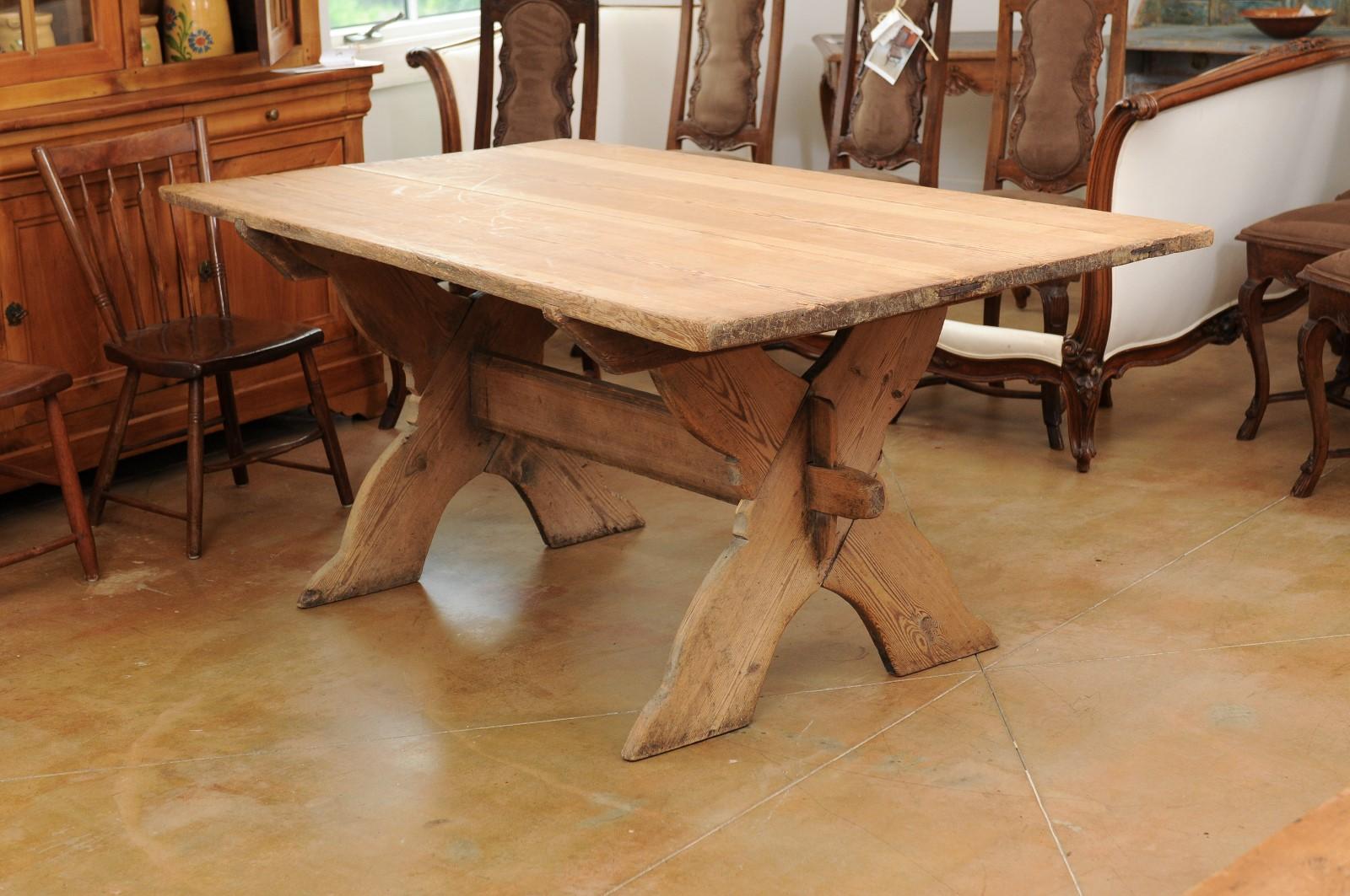 Swedish 1770s Sawbuck Trestle Farm Table with X-Form Base and Rustic Finish 1