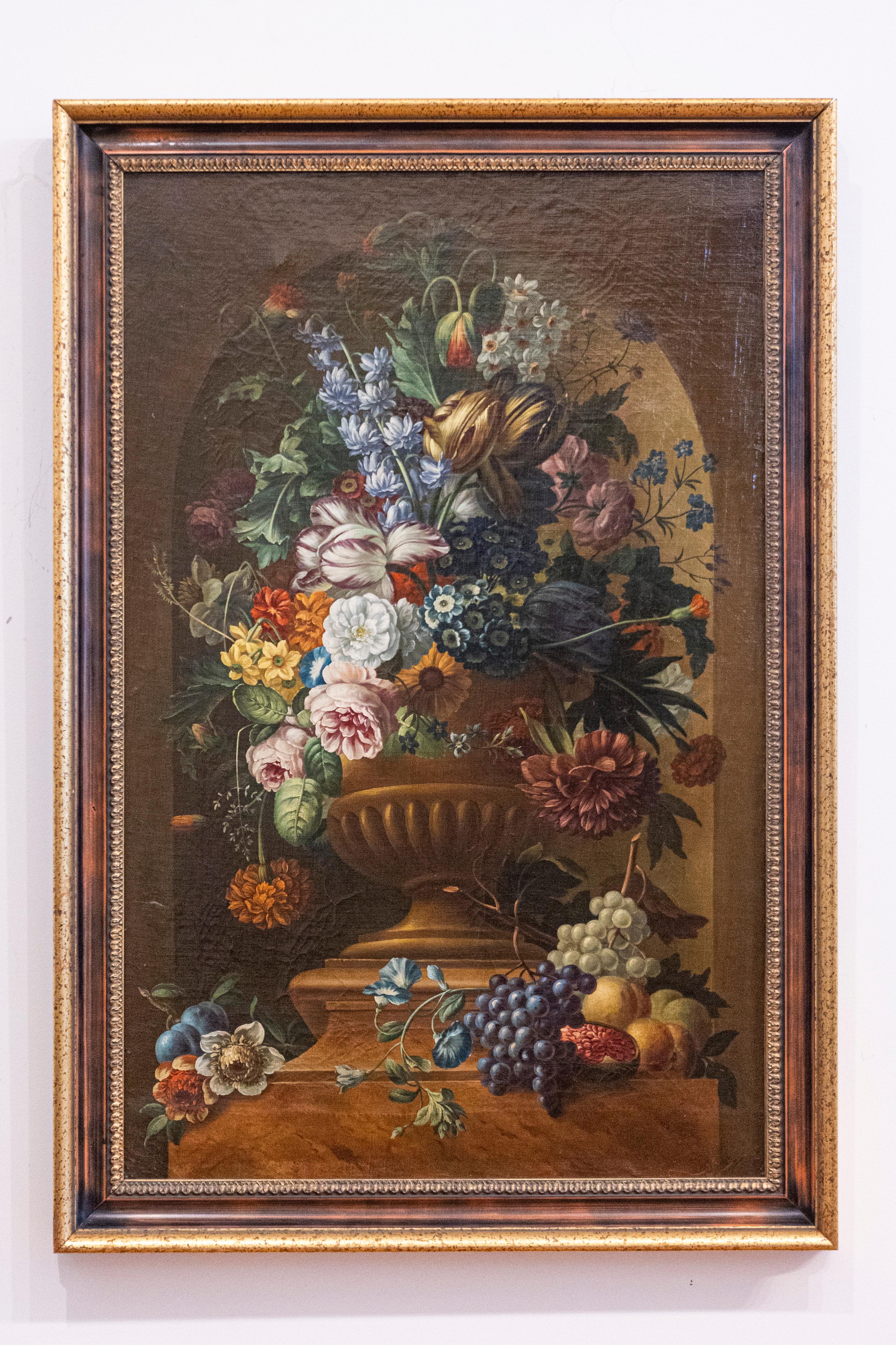 A Swedish still life floral oil on canvas painting from the late 18th century, painted in the manner of Dutch artist Paulus Theodorus van Brussel. This exquisite Swedish floral painting features a lush bouquet of flowers, displayed inside a