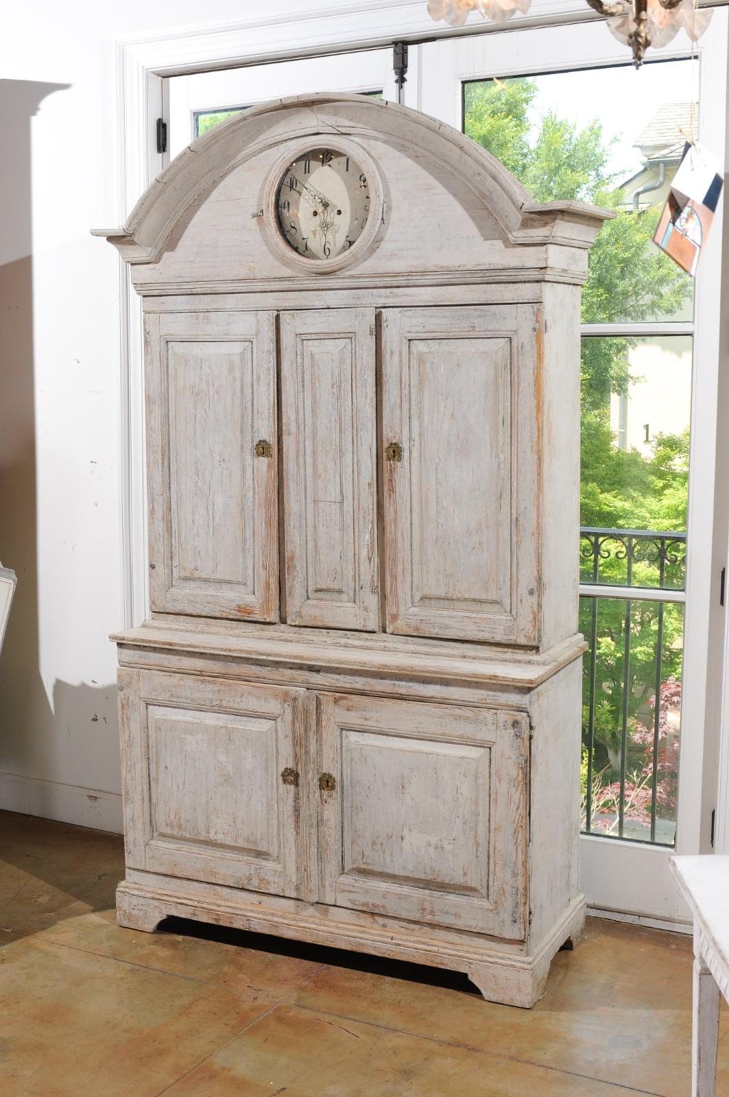 18th Century Swedish 1780s Gustavian Painted Clock Cupboard with Bonnet Top and Doors