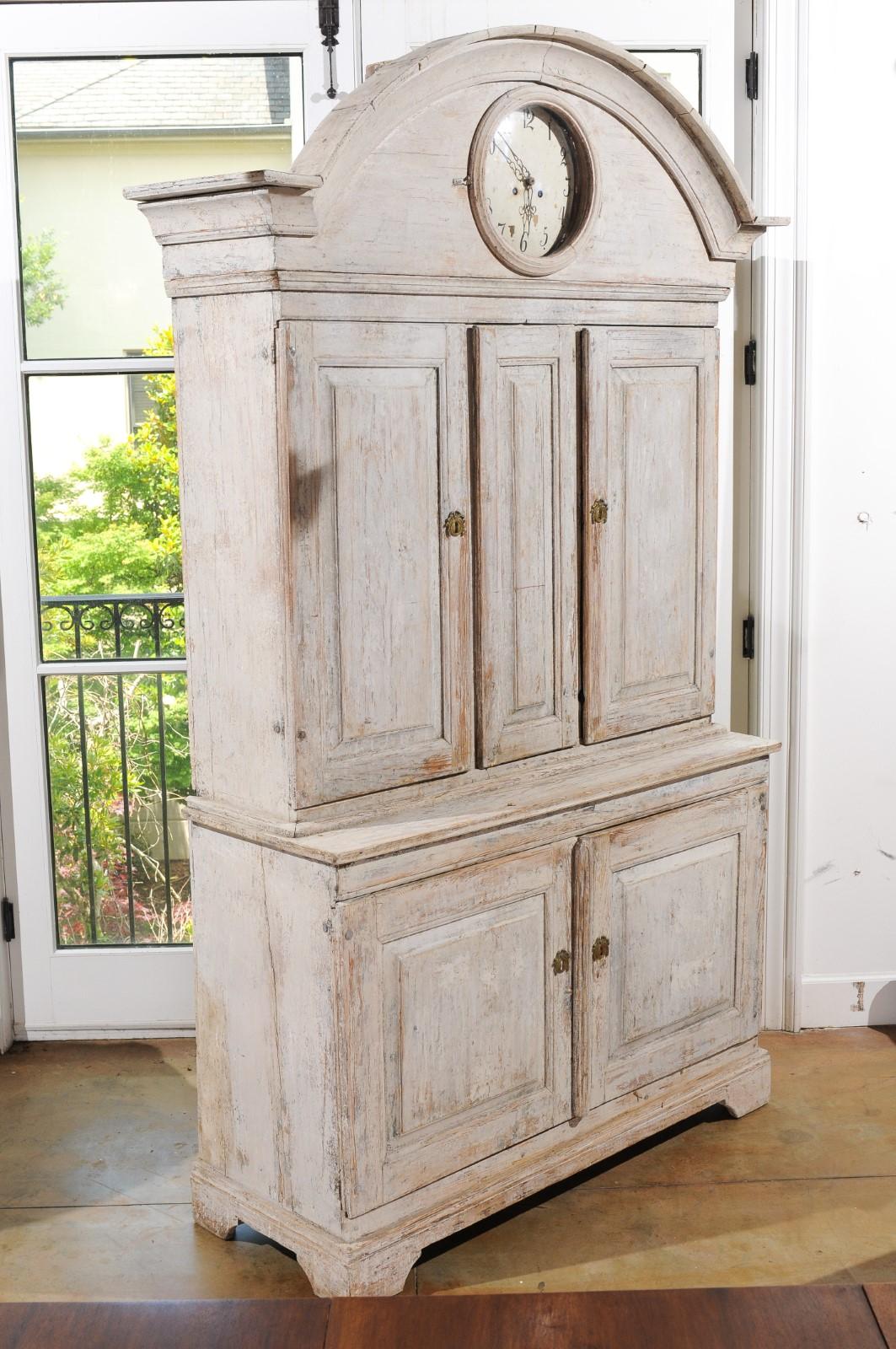 Glass Swedish 1780s Gustavian Painted Clock Cupboard with Bonnet Top and Doors