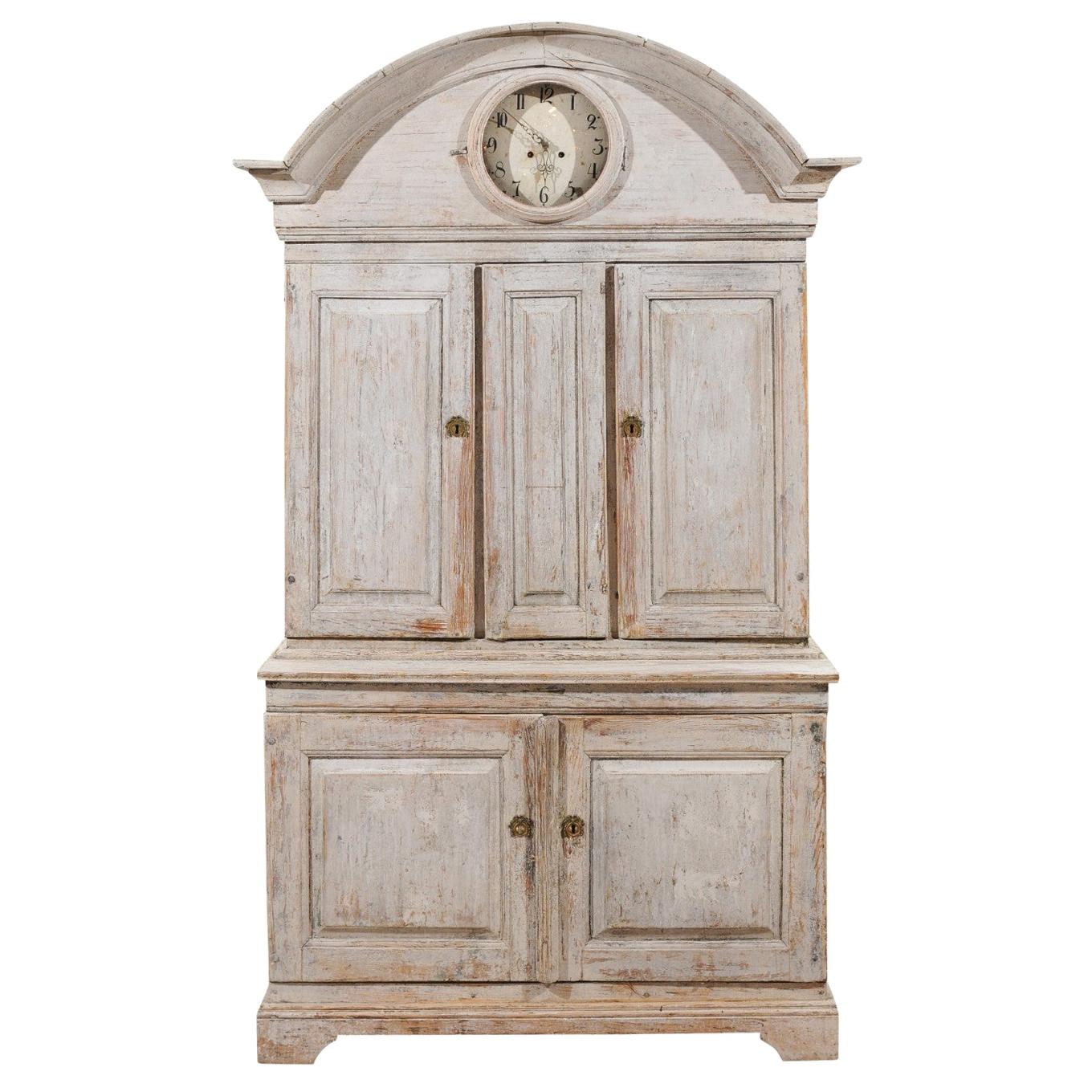 Swedish 1780s Gustavian Painted Clock Cupboard with Bonnet Top and Doors