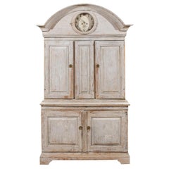 Antique Swedish 1780s Gustavian Painted Clock Cupboard with Bonnet Top and Doors