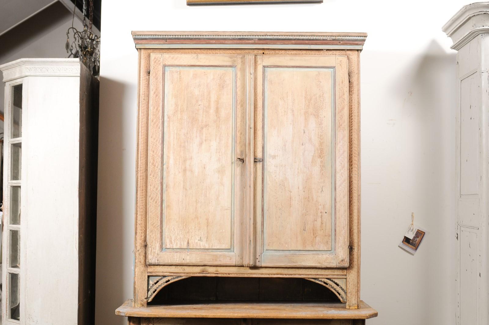 Carved Swedish 1780s Gustavian Period Two-Part Tall Cabinet with Original Paint For Sale