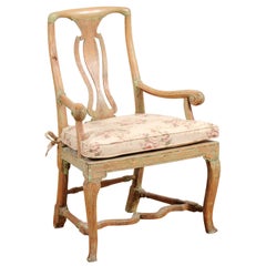 Swedish 1780s Rococo Armchair with Pierced Splat, Cabriole Legs and Stretcher Swedish 1780s Rococo Armchair with Pierced Splat, Cabriole Legs and Stretcher