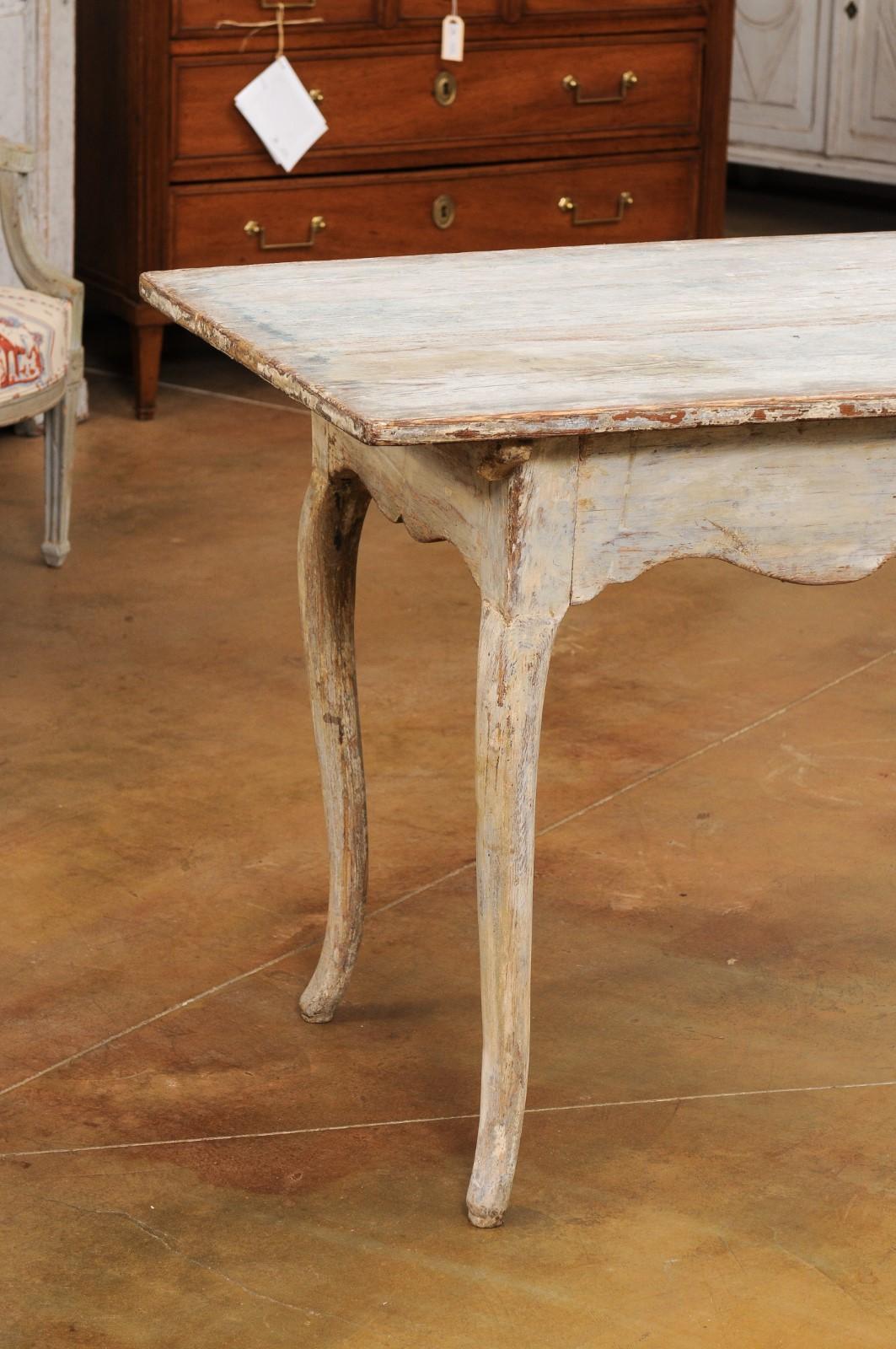 Swedish 1780s Rococo Table with Carved Apron and Distressed Painted Finish 8