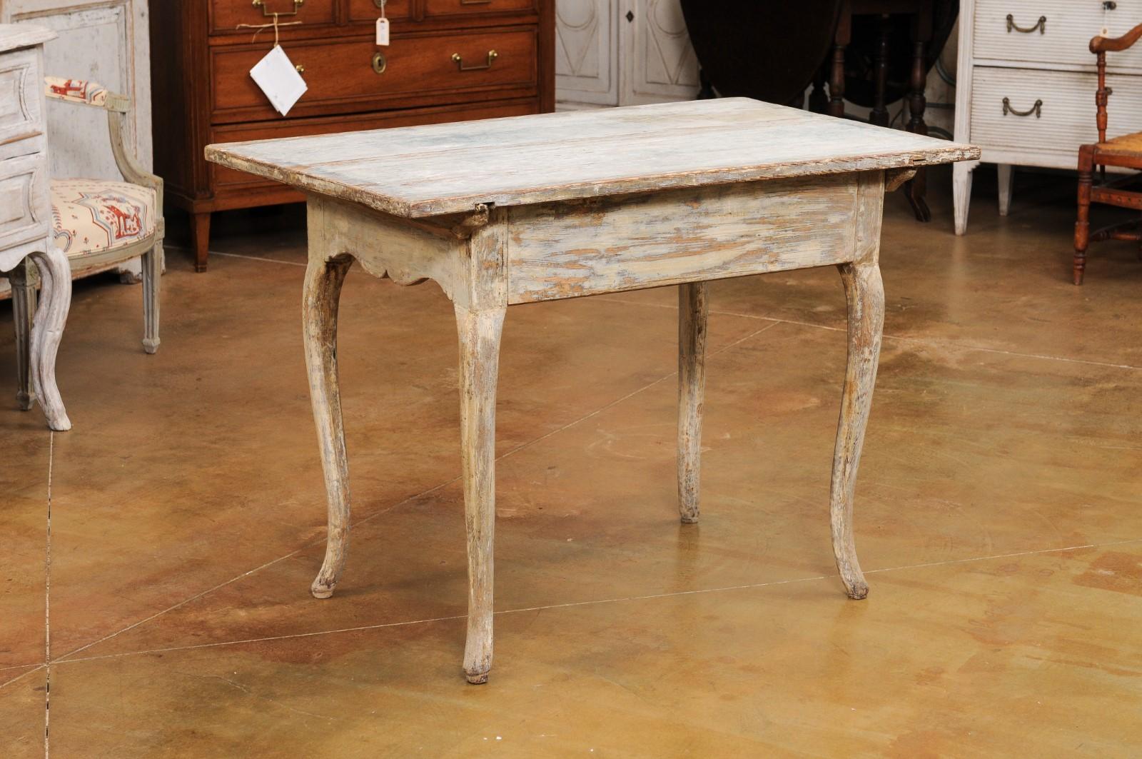 Swedish 1780s Rococo Table with Carved Apron and Distressed Painted Finish 3