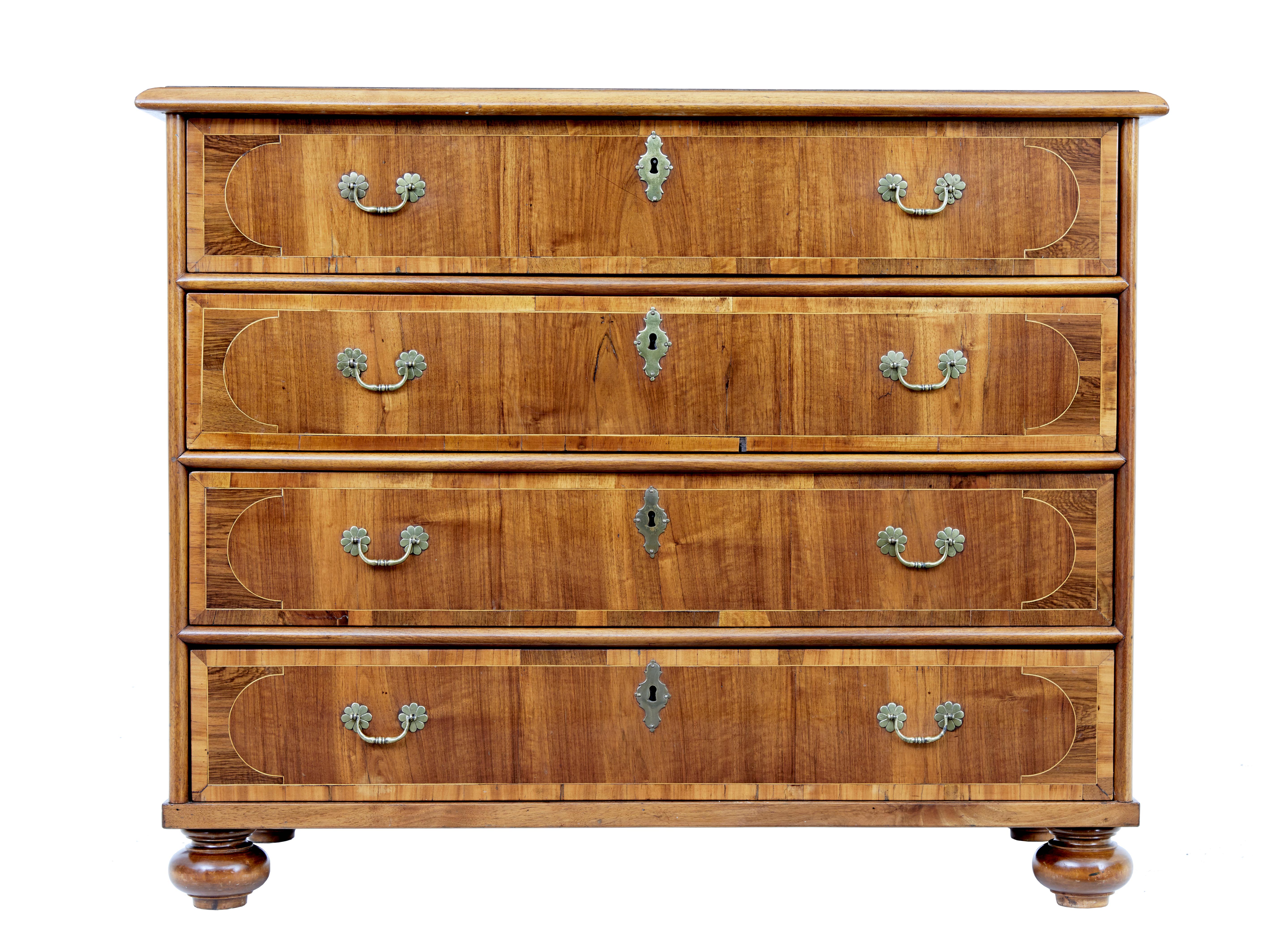 Swedish 1780s Walnut Chest with Four Drawers, Geometric Inlay and Turned Feet 2