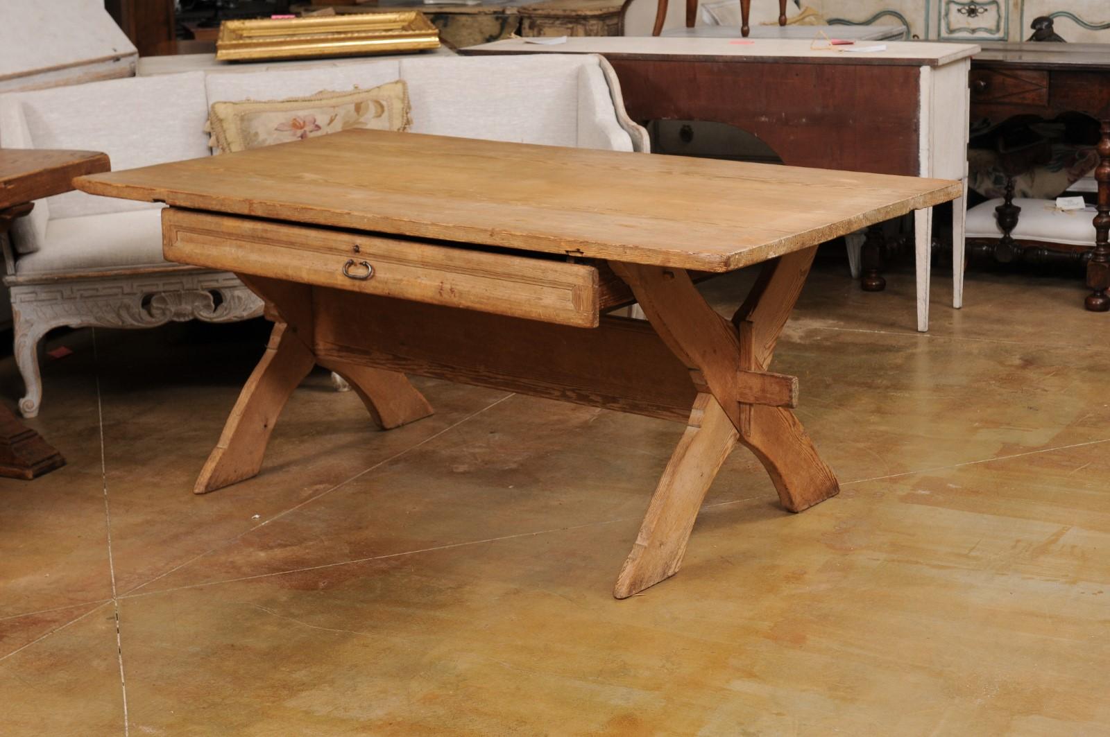 Swedish 1790s European Pine Sawbuck Table with Drawer and Double X-Form Legs For Sale 5