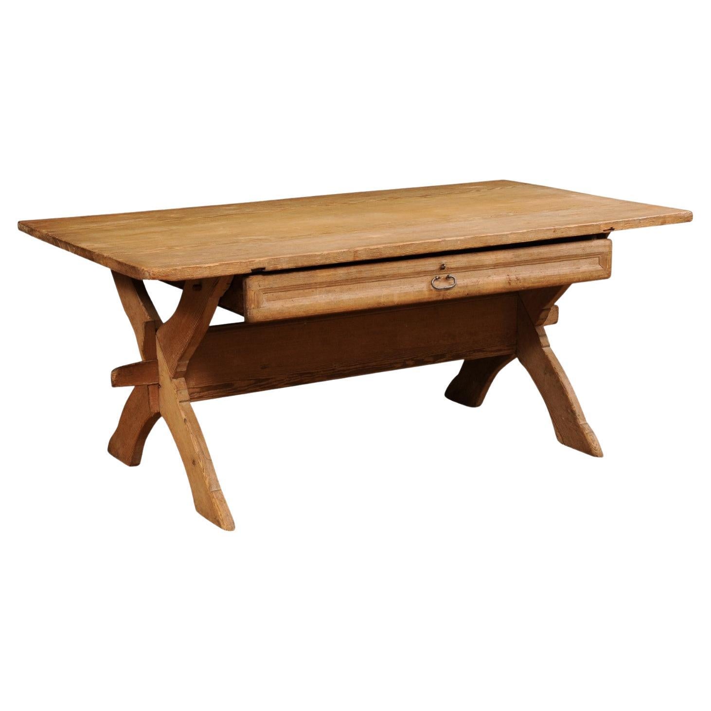 Swedish 1790s European Pine Sawbuck Table with Drawer and Double X-Form Legs For Sale