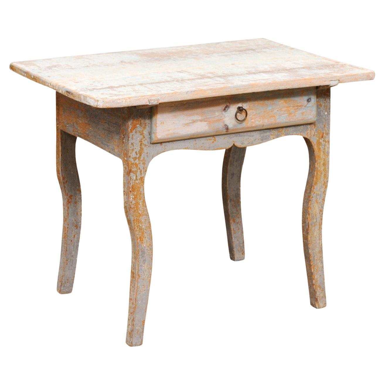 Swedish 1790s Folk Art Side Table with Drawer and Rococo Style Cabriole Legs