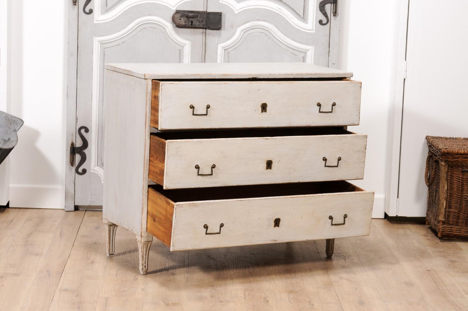 18th Century Swedish 1790s Gustavian Period Painted Three-Drawer Chest with Carved Feet For Sale