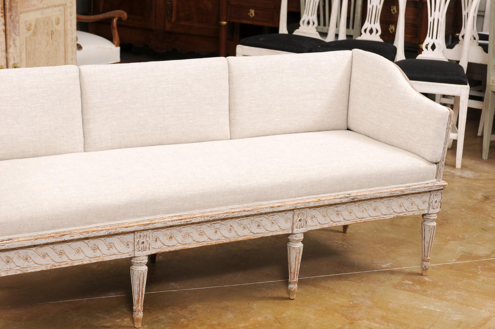Upholstery Swedish 1790s Gustavian Period Painted Trågsoffa with Carved Guilloche Frieze