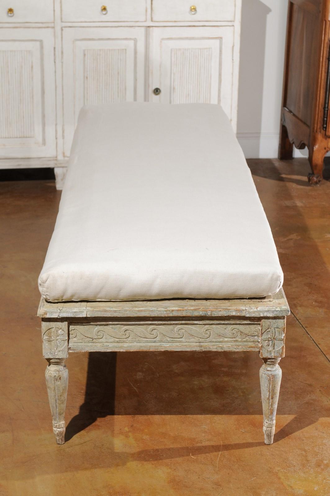 Upholstery Swedish 1790s Gustavian Period Painted Wood Bench with Vitruvian Scrolls