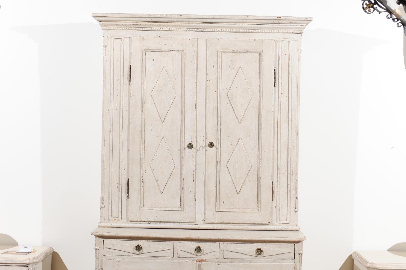 Swedish 1790s Gustavian Period Painted Wood Two-Part Cabinet with Diamond Motifs 1
