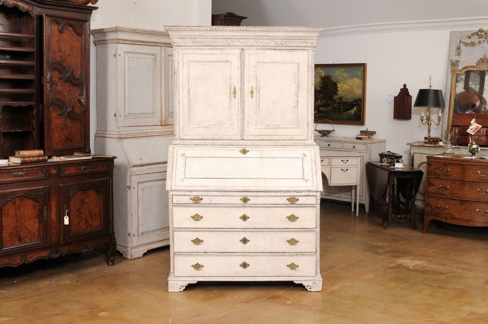 Swedish 1790s Gustavian Period Two-Part Painted Secretary with Slant Front Desk For Sale 6