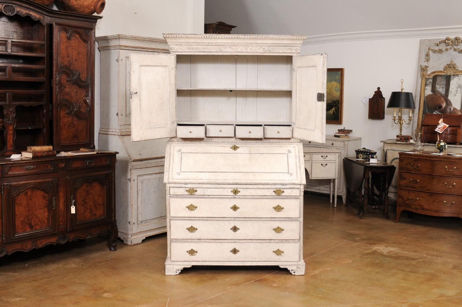Swedish 1790s Gustavian Period Two-Part Painted Secretary with Slant Front Desk For Sale 7