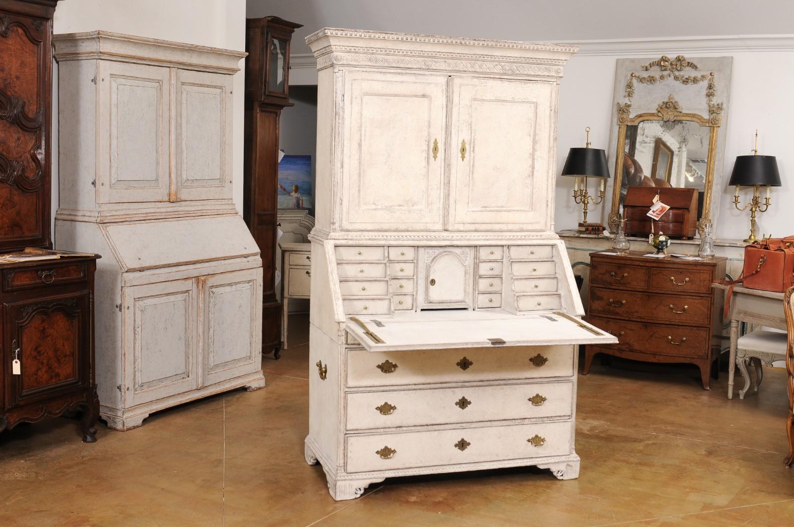 18th Century Swedish 1790s Gustavian Period Two-Part Painted Secretary with Slant Front Desk For Sale