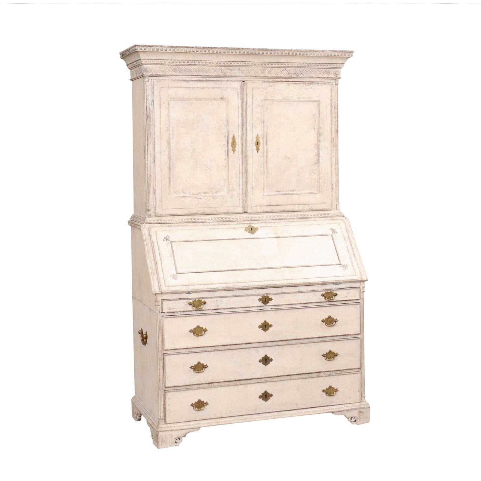 Swedish 1790s Gustavian Period Two-Part Painted Secretary with Slant Front Desk For Sale