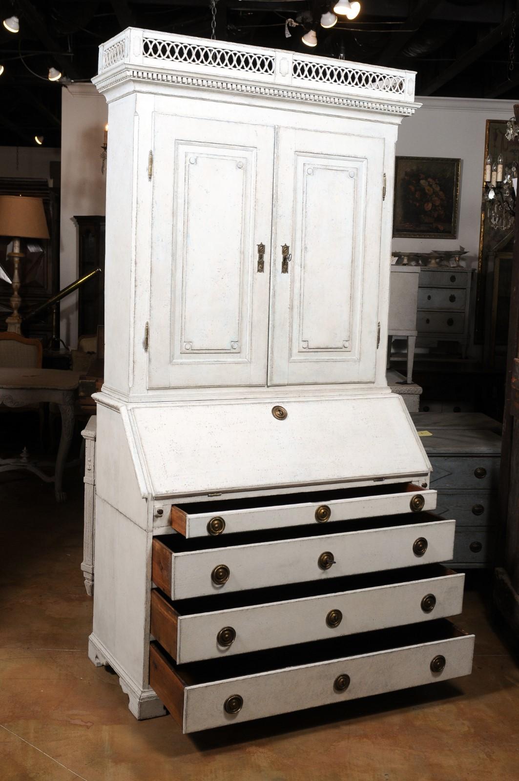 18th Century Swedish 1790s Gustavian Two-Part Painted Secretary with Slanted Front Desk