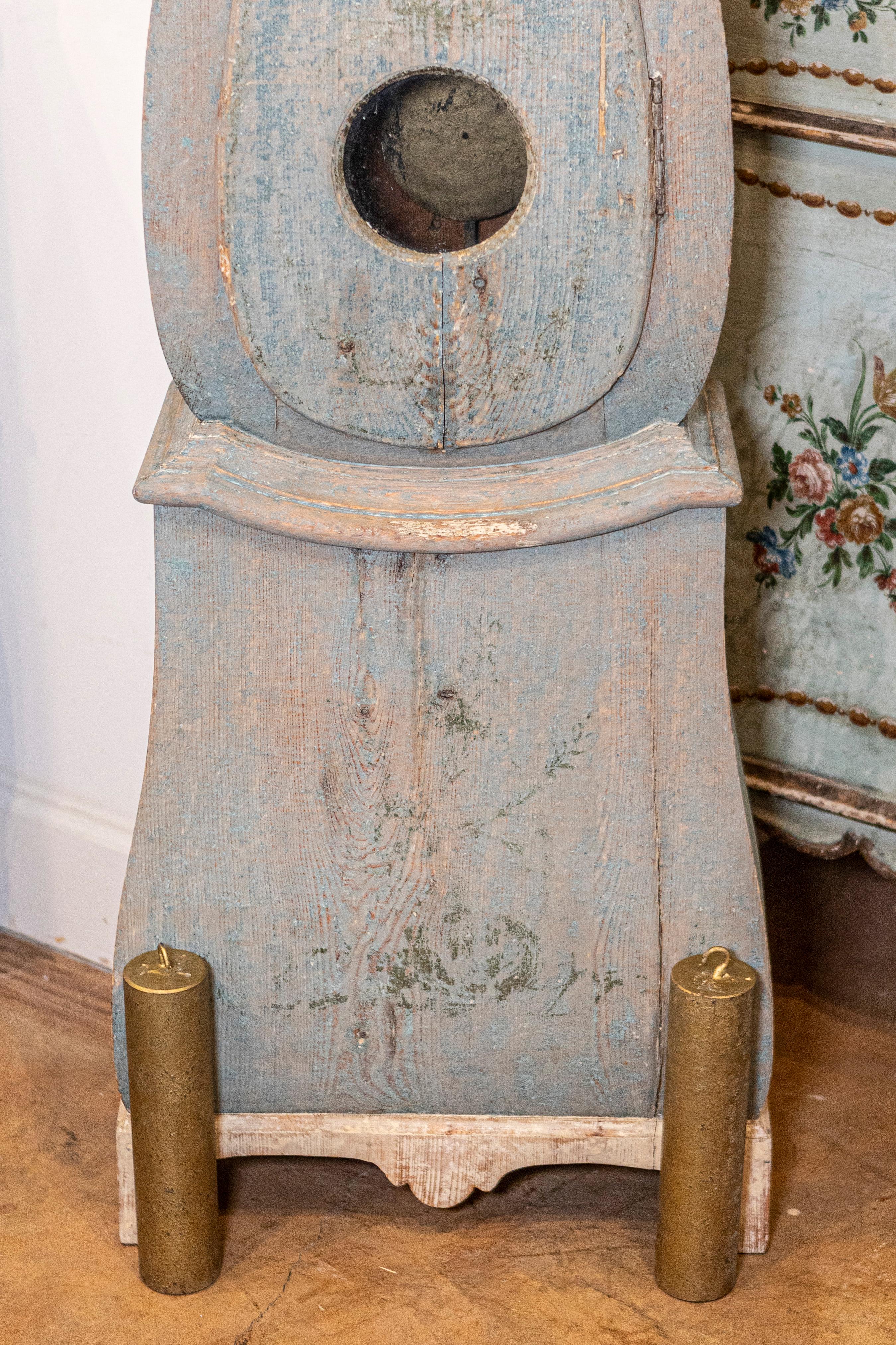 18th Century Swedish 1790s Long Case Mora Clock with Blue Gray Paint and Carved Crest For Sale
