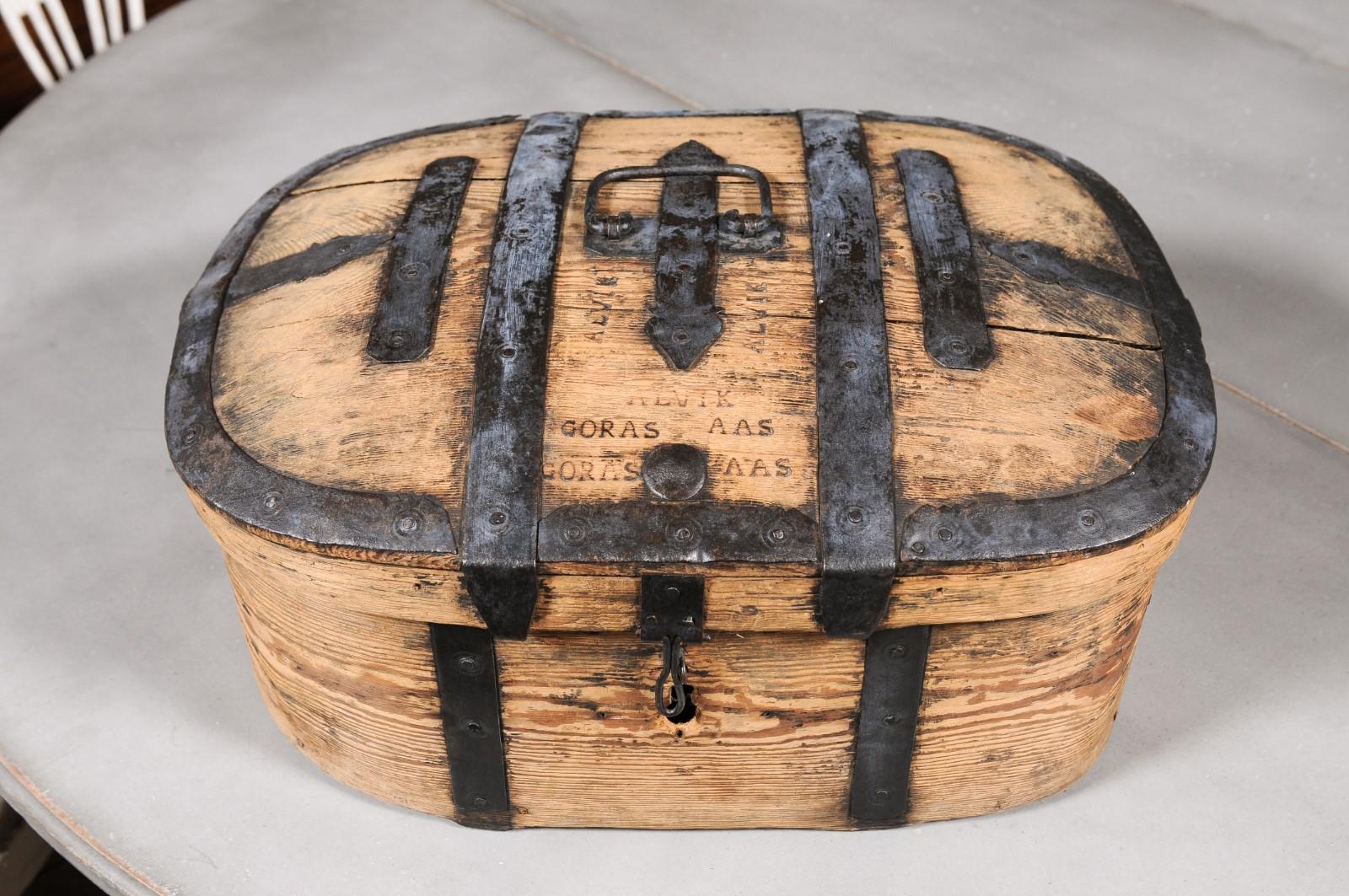 18th Century Swedish 1790s Rustic Oval Top Wooden Box with Iron Accents and Distressed Patina For Sale