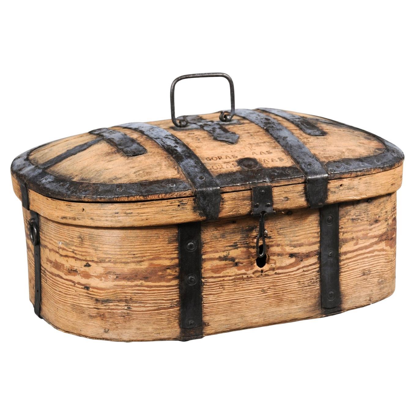 Swedish 1790s Rustic Oval Top Wooden Box with Iron Accents and Distressed Patina For Sale