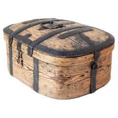 Swedish 1790s Rustic Oval Top Wooden Box with Iron Accents and Distressed Patina