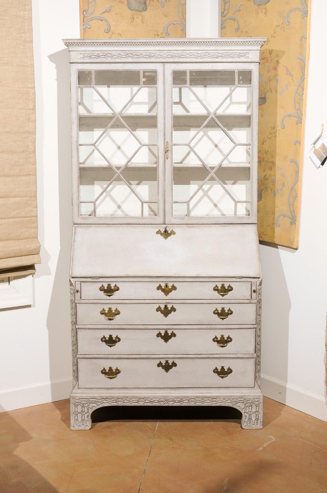Swedish 1790s Tall Slant-Front Secretary with Glass Doors and Carved Motifs 12