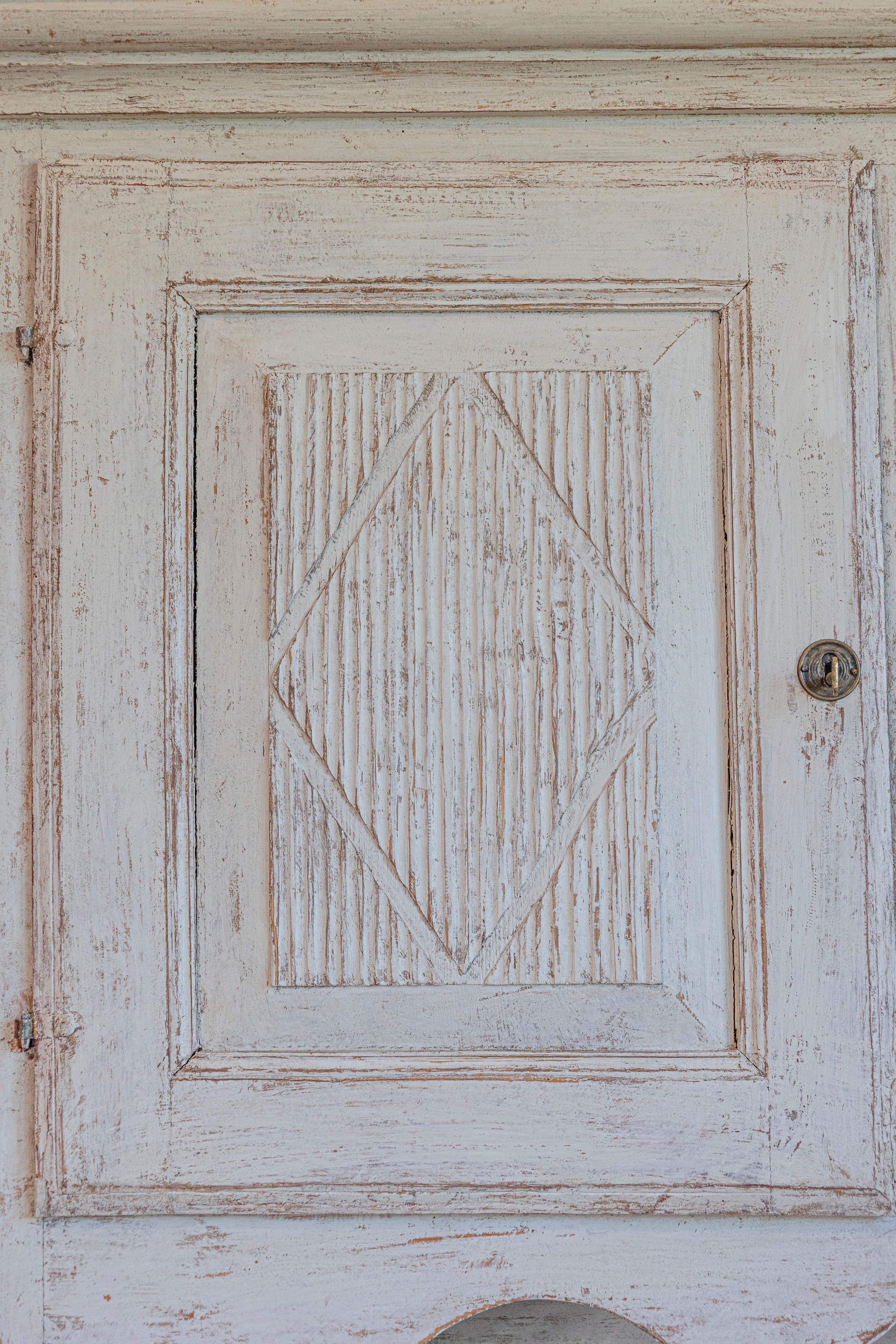 Wood Swedish 1800s Gustavian Painted Two-Part Cabinet with Carved Diamond Motifs For Sale