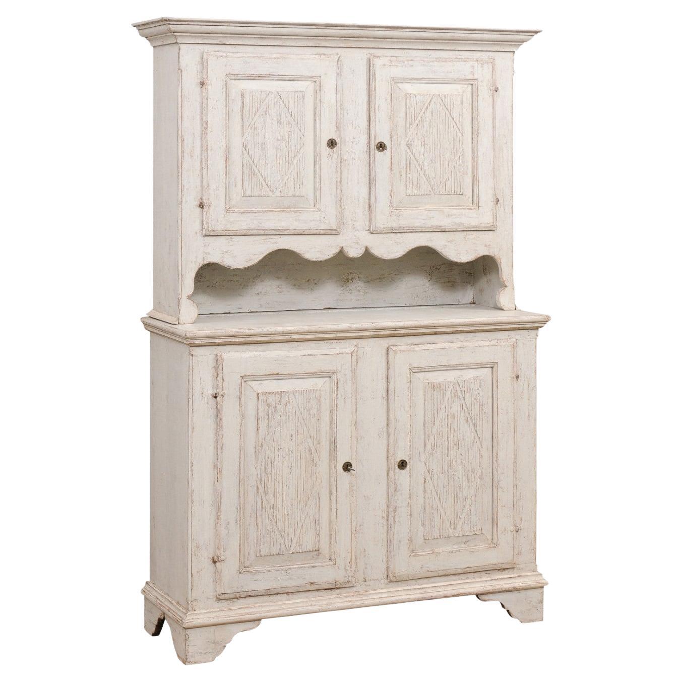 Swedish 1800s Gustavian Painted Two-Part Cabinet with Carved Diamond Motifs