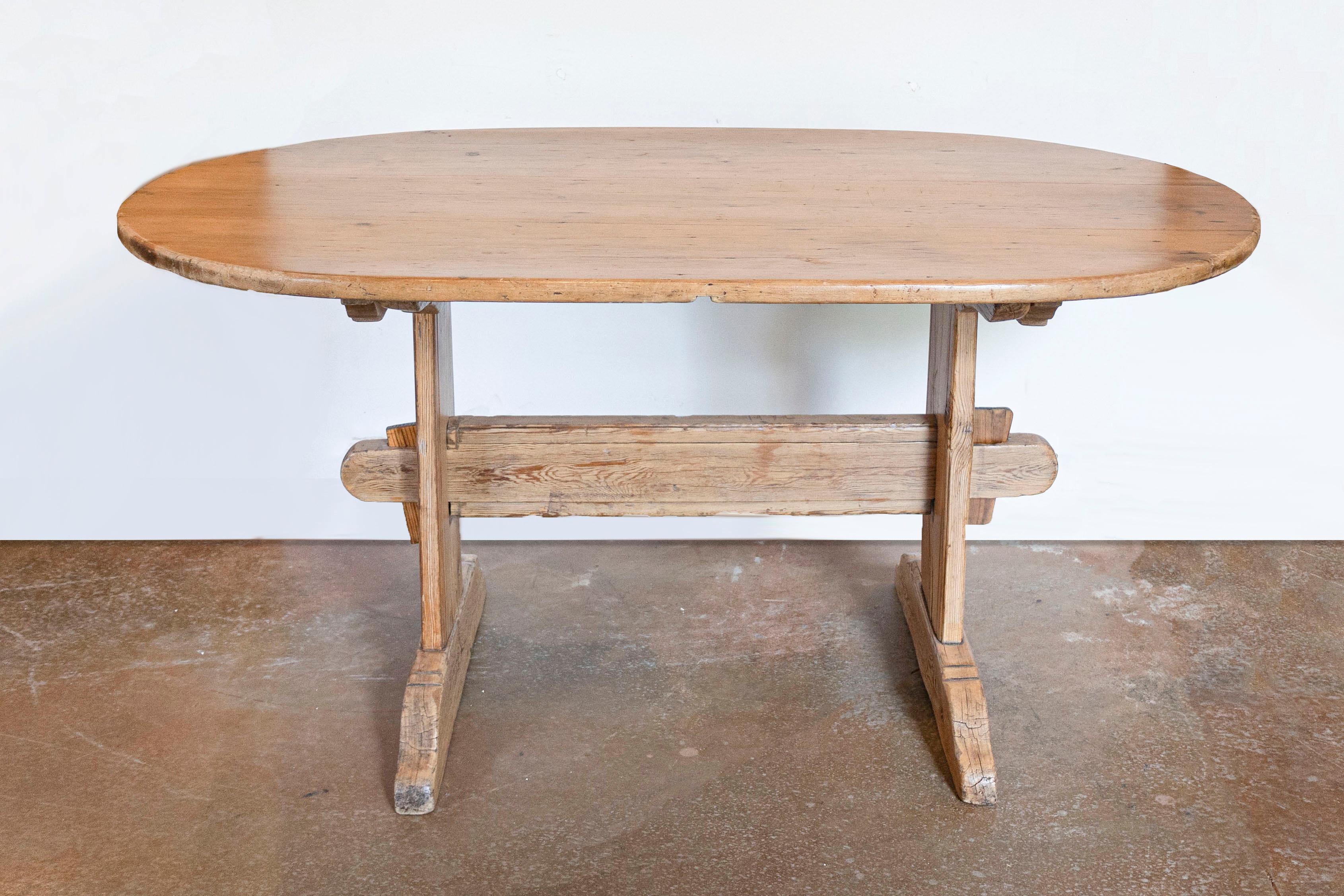 Wood Swedish 1800s Gustavian Period Trestle Base Dining Room Table with Oval Top For Sale