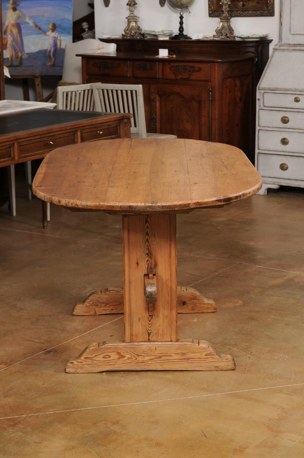Wood Swedish 1800s Gustavian Period Trestle Base Dining Room Table with Oval Top For Sale