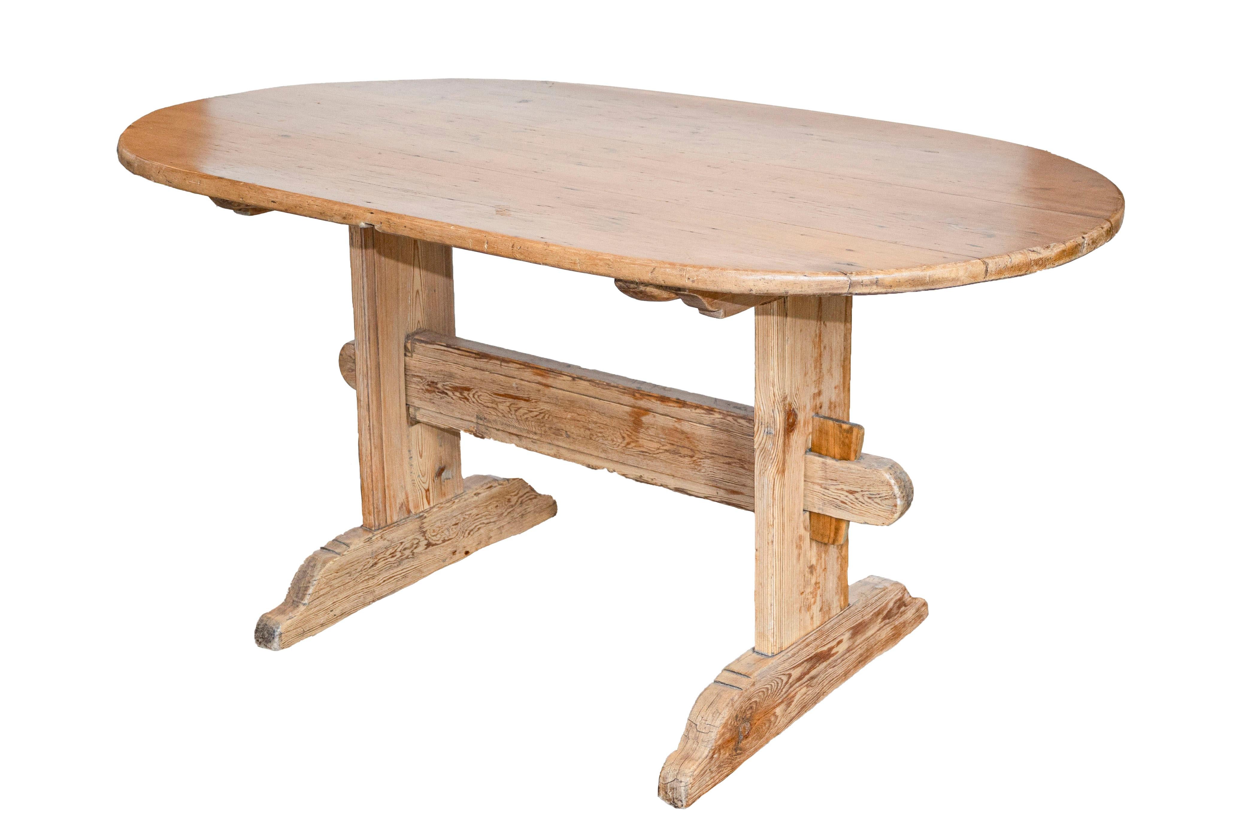 Swedish 1800s Gustavian Period Trestle Base Dining Room Table with Oval Top For Sale