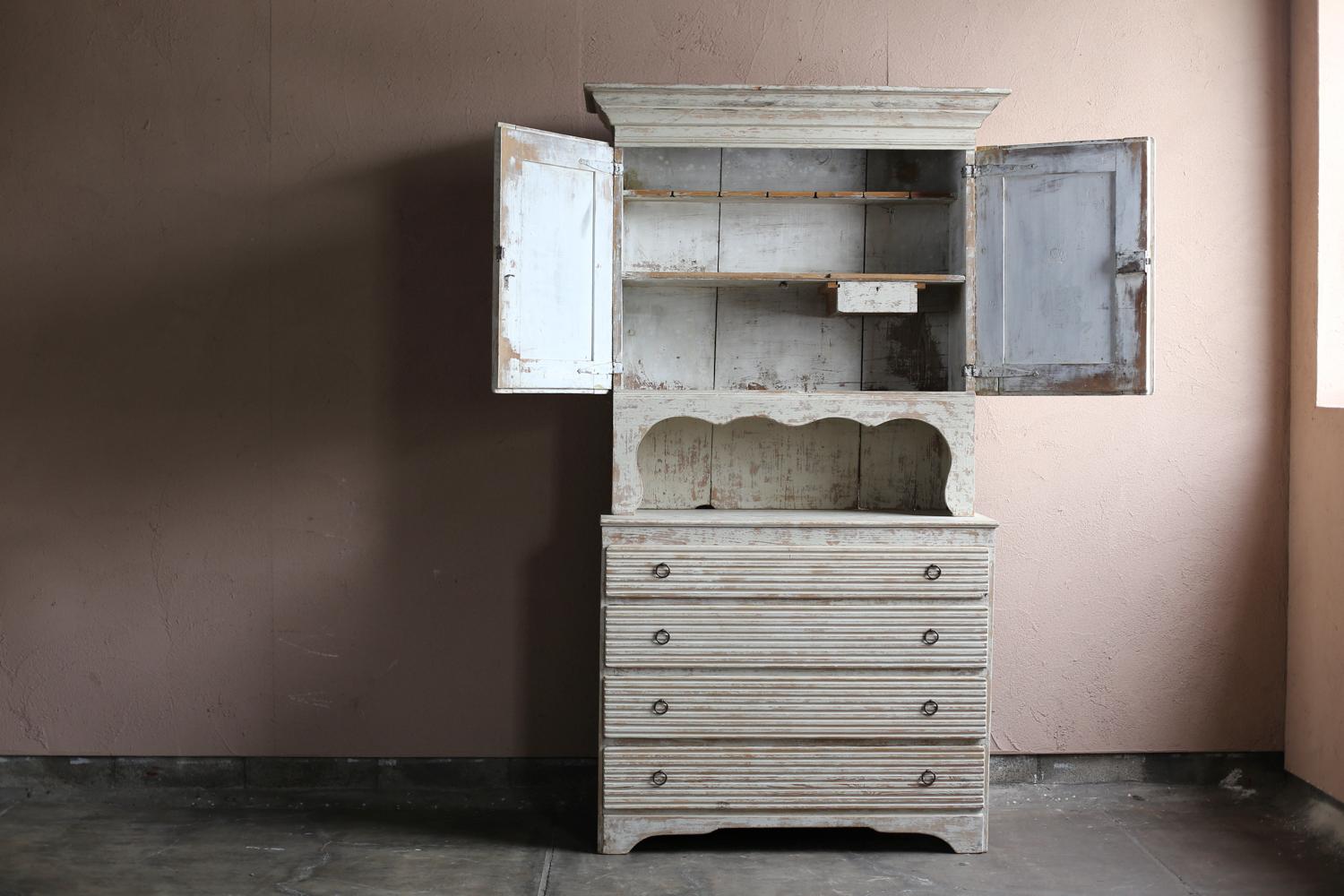 19th Century Swedish 1800s Gustavian White Painted Two-Part Cabinet For Sale