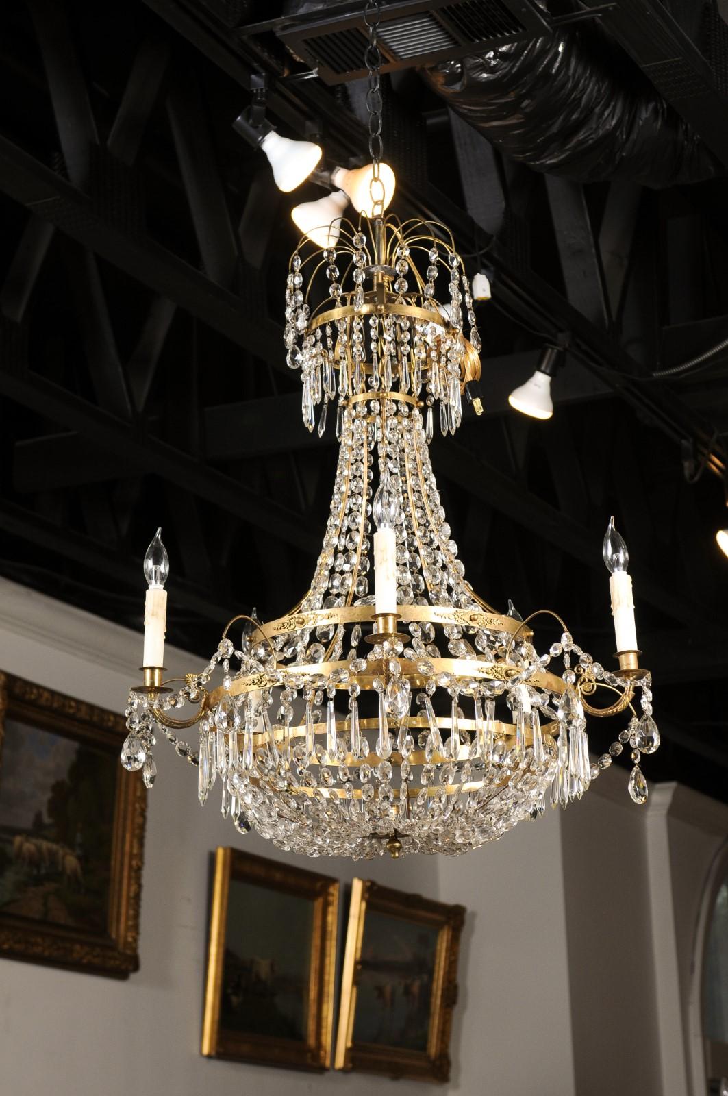 19th Century Swedish, 1810s Gustavian Period Five-Light Crystal and Brass Basket Chandelier For Sale