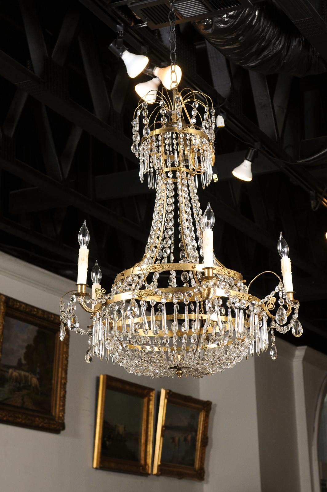 Swedish, 1810s Gustavian Period Five-Light Crystal and Brass Basket Chandelier For Sale 1