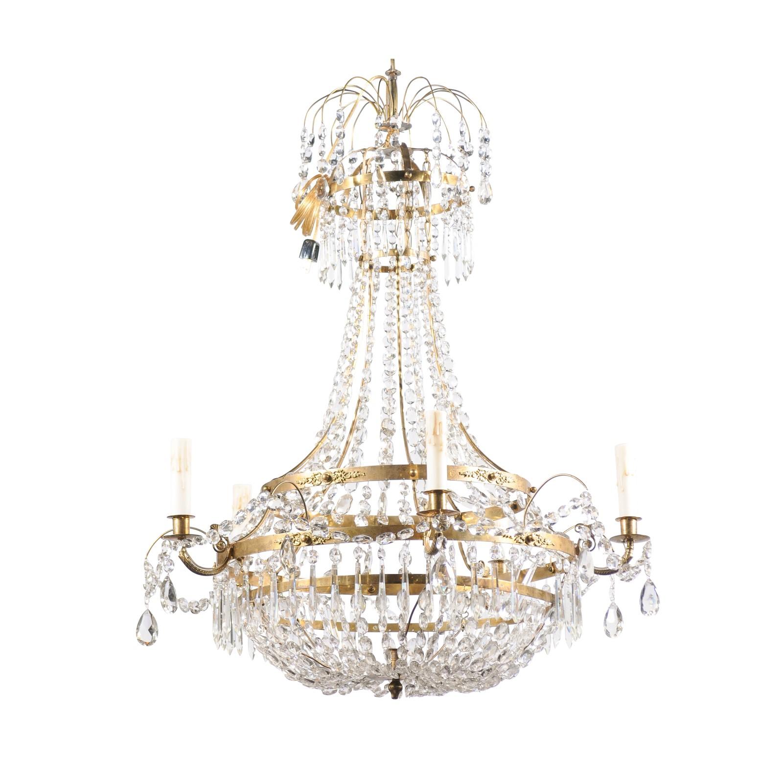 Swedish, 1810s Gustavian Period Five-Light Crystal and Brass Basket Chandelier For Sale 3