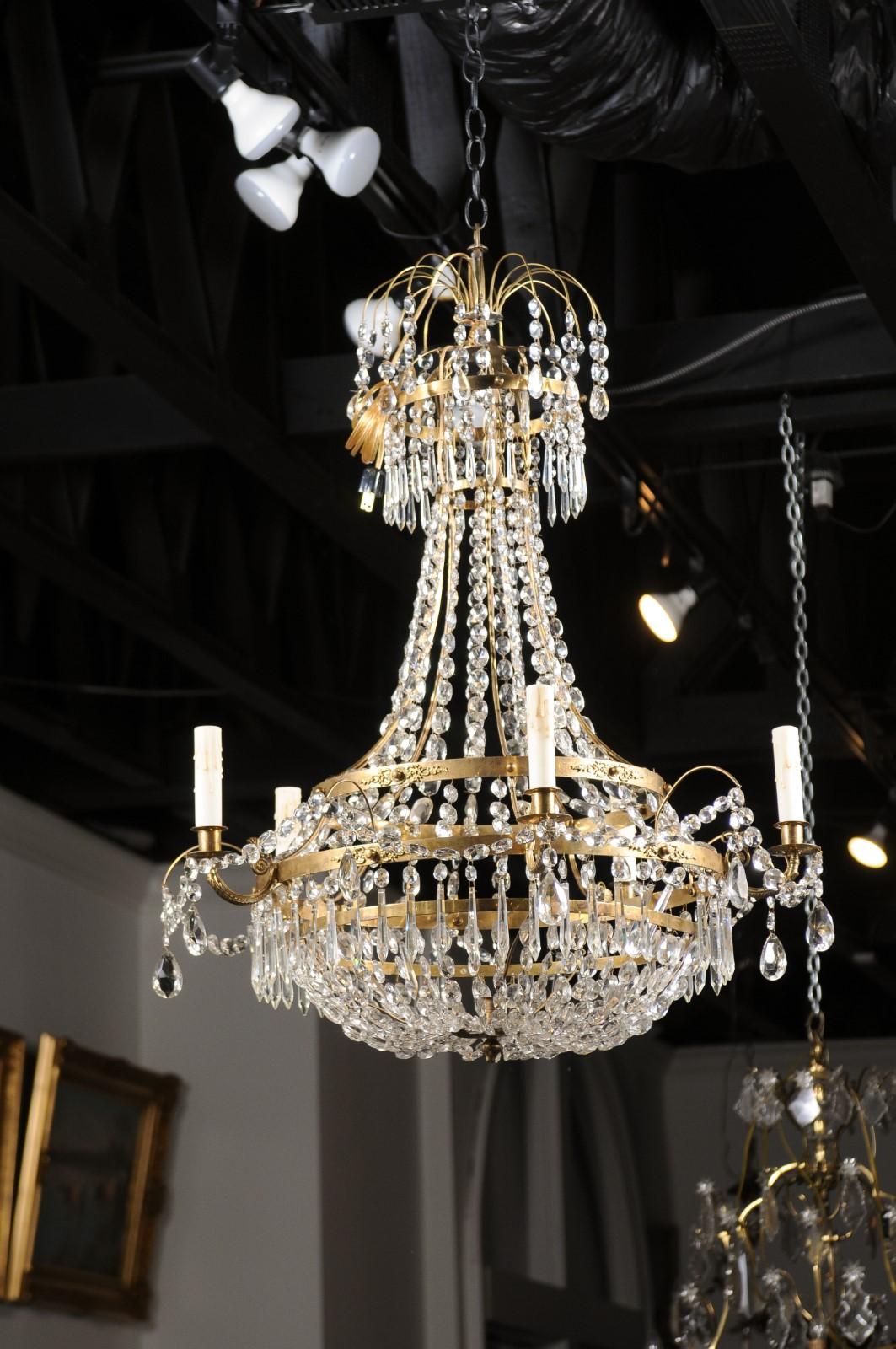 Swedish, 1810s Gustavian Period Five-Light Crystal and Brass Basket Chandelier For Sale 4