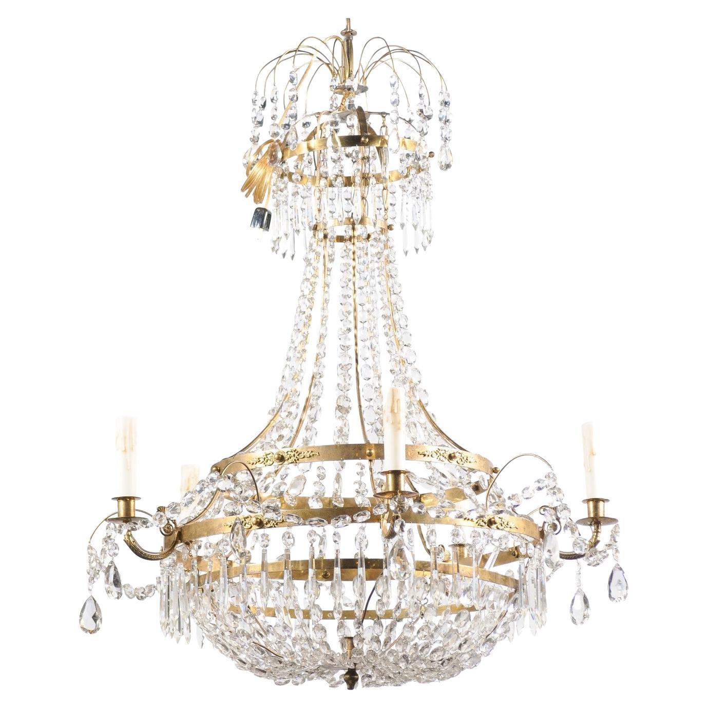 Swedish, 1810s Gustavian Period Five-Light Crystal and Brass Basket Chandelier For Sale