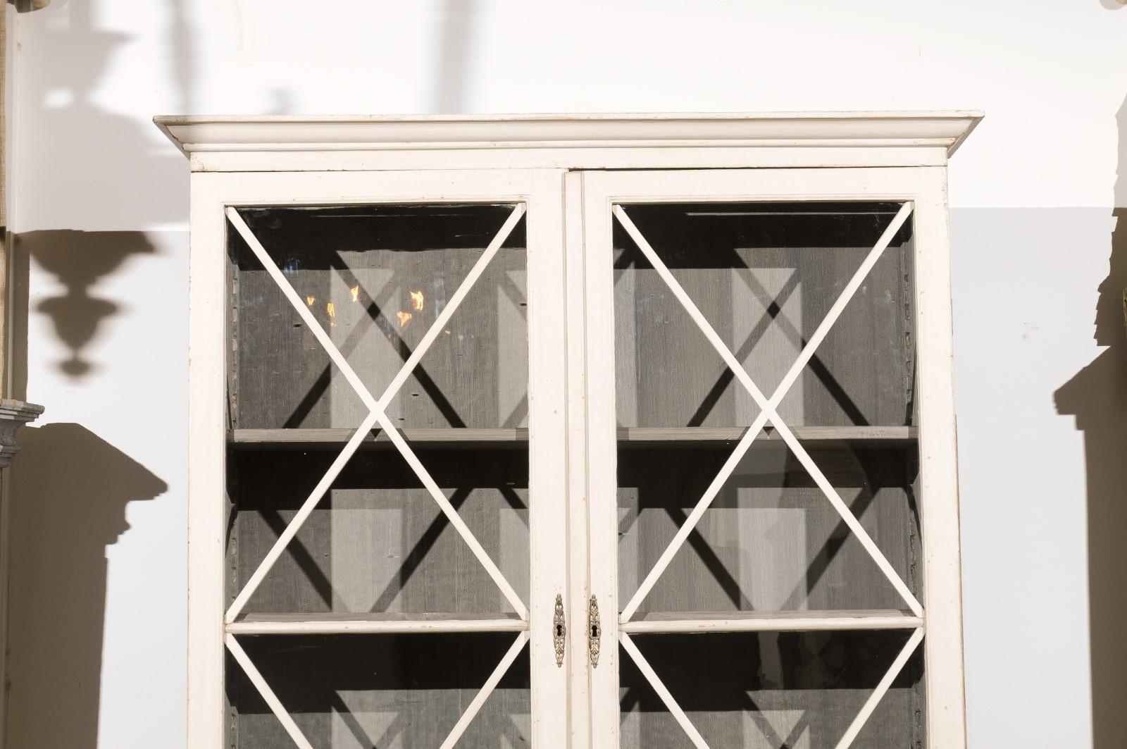 19th Century Swedish 1810s Gustavian Period Painted Two-Part Vitrine Cabinet with Glass Doors